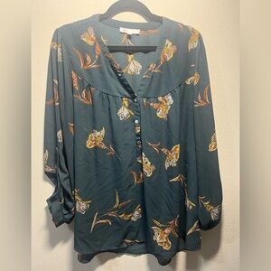 DR2 Teal Floral Button-Up Blouse